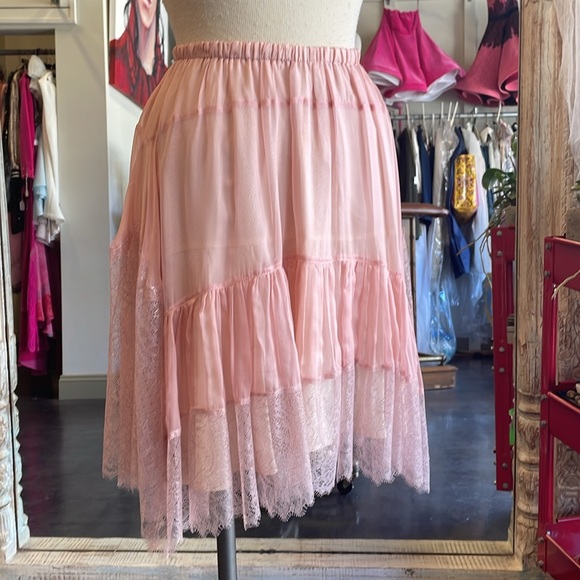 Blush pink silk metallic rose gold lace skirt high waisted skort shorts low back